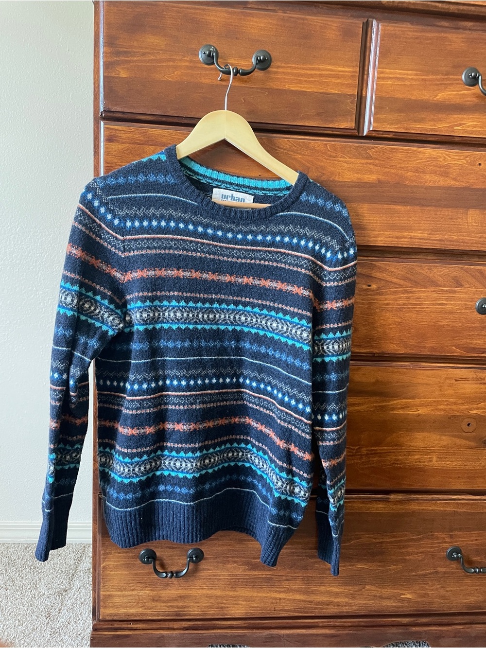 urban pipeline Navy Crewneck Sweater with Teal & Rust Fair Isle Stripes